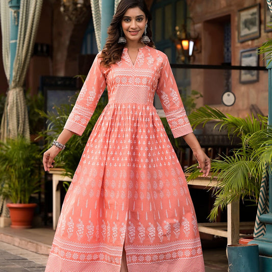Women Print Cotton Blend Straight Kurta  (Rose)