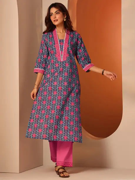 Women Print Cotton Blend Straight Kurta  (Blue and Pink)